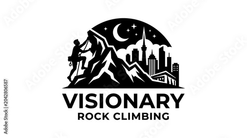 Mountain climber scales rock face against city skyline and night sky vector logo