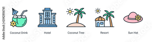 Fotografie Tropical resort icon set featuring hotel,coconut drink and summer vacation elements for tourism and leisure designs