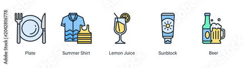 Fotografie Holiday leisure icon set featuring summer food and drink elements for tropical vacation and resort projects
