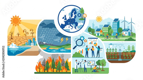 Conceptual illustration depicting climate change impacts and solutions, showing drought, storms, fires, research, and sustainable living against a bright backdrop