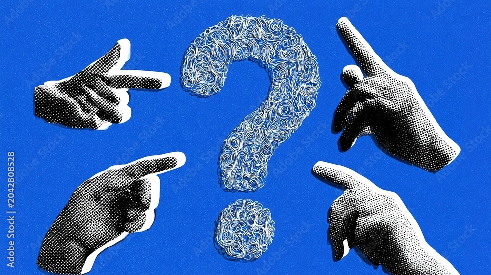 Naklejka premium Eye-catching graphic with swirl lined white detailed question mark on solid blue backdrop, three halftone black-white outlined cutout hands guiding focus toward central query icon