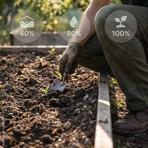 Person Planting Seedlings In Garden With Efficiency Statistics Displayed