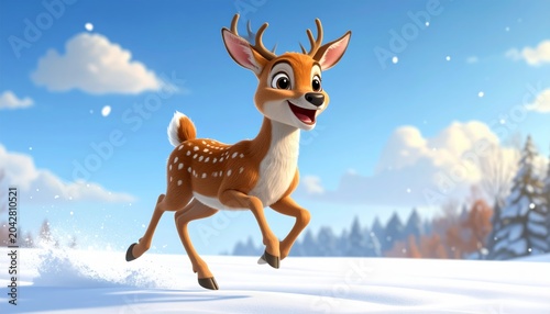 A cartoon deer runs through snowy landscape.