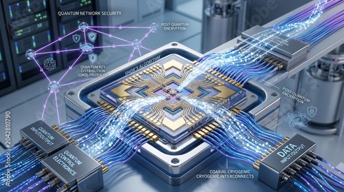 Complex quantum circuit design shows secure data transmission and encryption in a lab setup with advanced technology