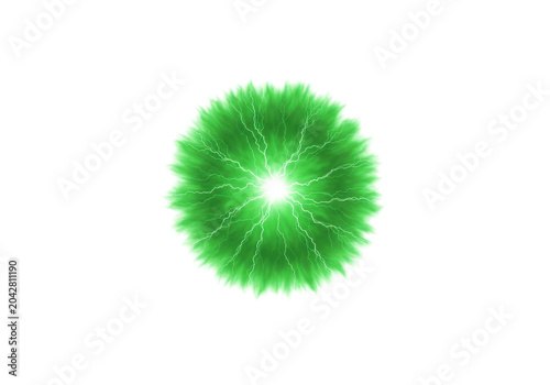 Vibrant green energy sphere with electric bolts radiating outward against a black background