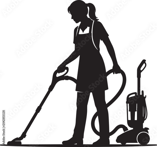 Professional Female Cleaner Vacuuming Floor Silhouette Vector Isolated on White Background