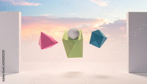 3D shapes floating in air.