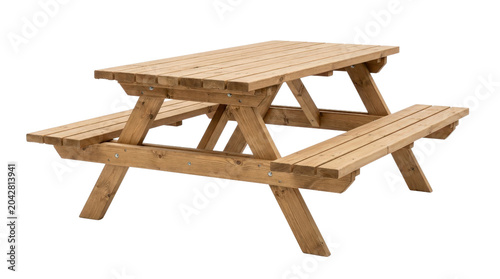 Light wooden picnic table with extended benches outdoor