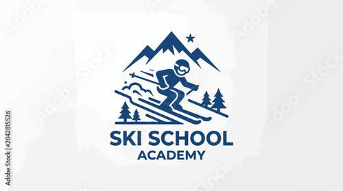 Cuadro en lienzo Vector illustration of a skier descending a snowy mountain slope, with pine trees and a star in the sky, perfect for a ski school logo