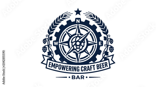 Craft beer logo with compass, hops, and gear, vector illustration