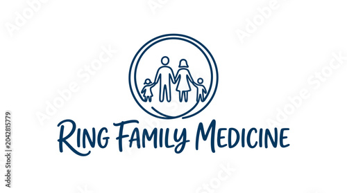 Family medicine clinic logo with stick figures in circle and cursive text Ring Family Medicine