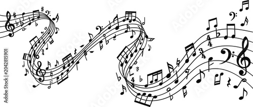 Fotografía Hand drawn musical staff with flowing music notes and treble clef