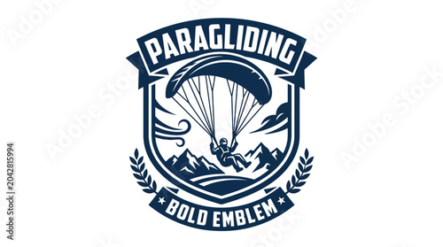 Tableau sur toile Paragliding bold emblem with mountain landscape and text