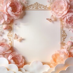 Luxury golden frame invitation with pink flowers and floating butterfly design.