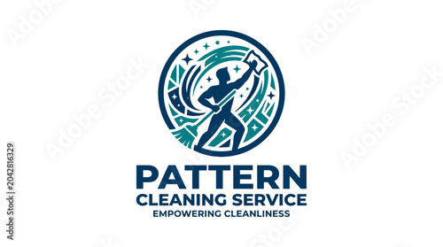 Photos Cleaning service emblem with cleaner silhouette holding mop, circular design, gr