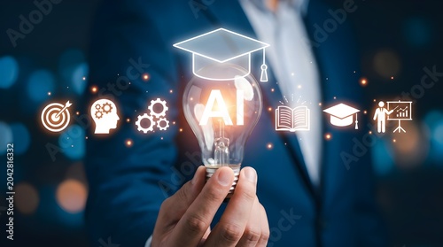 Professional businessman holding a glowing light bulb representing artificial intelligence and modern digital education concepts online