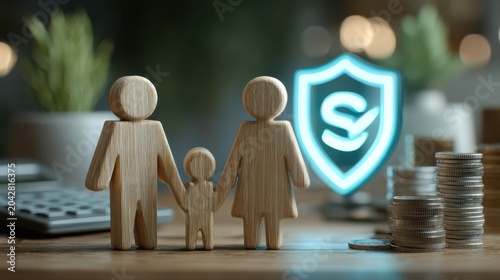 Wooden family figures holding hands beside stacks of coins and a glowing shield symbol, representing financial security and protection.