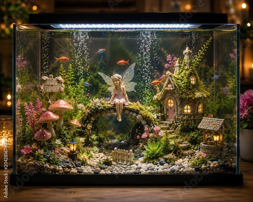 Fairy garden aquarium with miniature fantasy landscape and tropical fish in decorative home fish tank