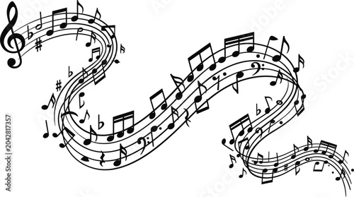 Bilde på lerret Abstract flowing musical stave with various musical notes.