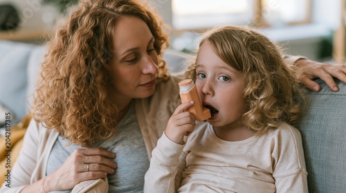 Young girl and woman on sofa with child using asthma inhaler for respiratory health education, pediatric medical care and chronic condition management awareness