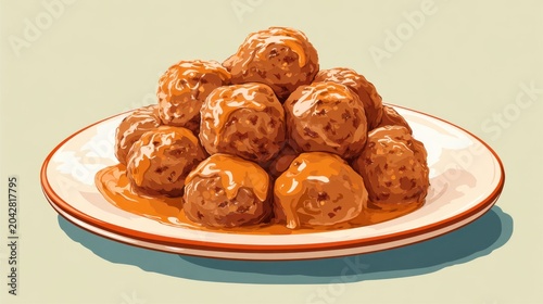 Glazed meatballs in rich sauce on white plate, digital illustration