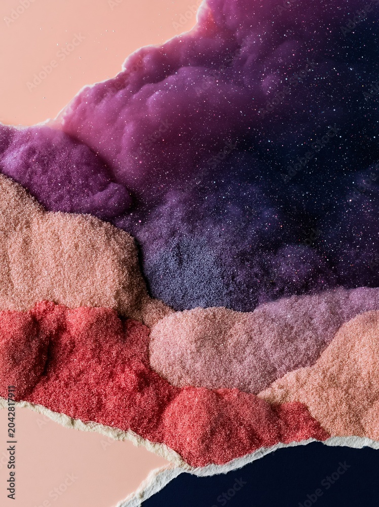 Fototapeta premium Abstract purple nebula and pink cosmic dust layers with torn paper edges for ethereal wallpapers, commercial art backgrounds and fantasy digital scrapbooking designs