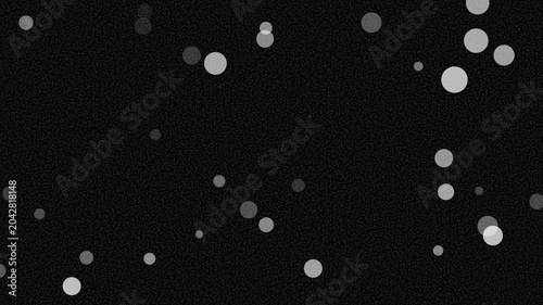 Multiple white glowing bokeh circles on black grainy static texture suitable for backgrounds, overlays, and abstract design projects.