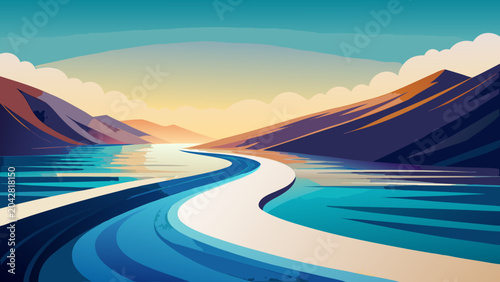 Stylized landscape of winding river and mountains at dusk with landscape mountains illustration stylized serenity creative minimalist adventure environment twilight reflection abstract