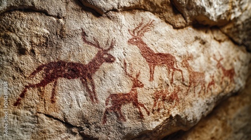 Prehistoric cave painting with deer figures on ancient stone wall