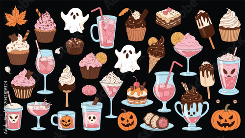 Festive Halloween treat collection features spooky cupcakes, ghostly shakes, pumpkin pastries, and various delicious autumn themed desserts.