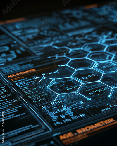Futuristic diagnostic screen showing metabolites and age biomarkers for personalized longevity medicine concept