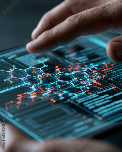 Futuristic diagnostic screen showing metabolites and age biomarkers for personalized longevity medicine concept