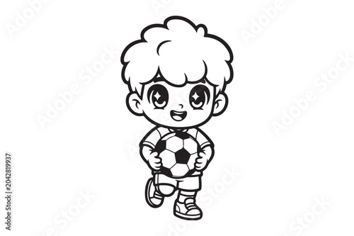 Cute cartoon boy character holding a soccer ball outline with character