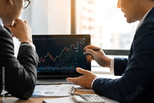 Business Professionals Analyzing Financial Data and Stock Market Graphs in Modern Office Environment