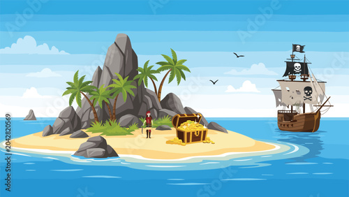 Tropical pirate treasure island landscape features a hidden chest overflowing with gold, a pirate ship, and several tall palm trees.