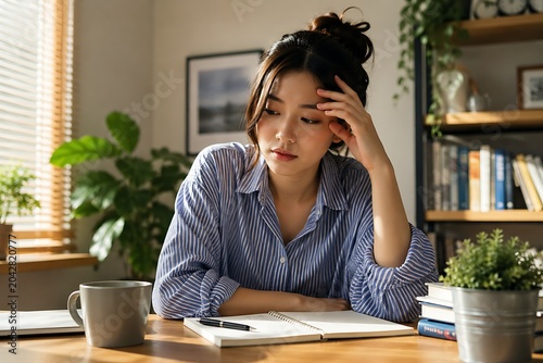 Woman Sitting at Desk in Bright Room with Books and Plants, Thinking or Feeling Stressed