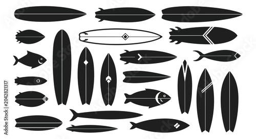 Minimalist surfboard silhouette collection, black surf board icons with fish shapes, 20 vector elements for summer beach sports branding