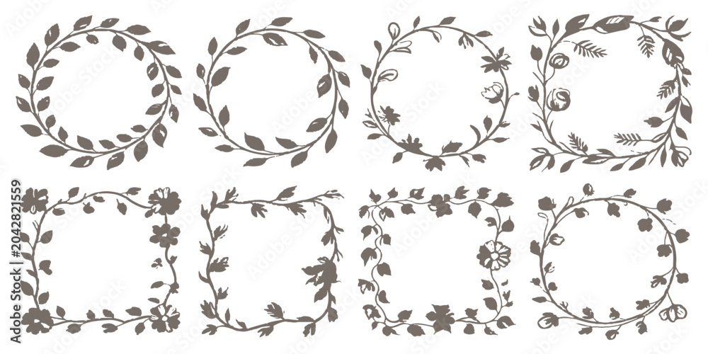 Fototapeta premium Set of hand drawn botanical floral wreaths and square frames with leaves and branches vector illustration.