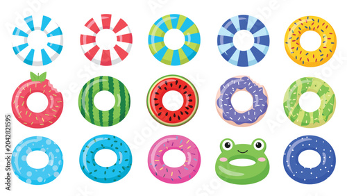 Collection of various inflatable swim rings for pool fun featuring patterns like watermelon, donut, frog, and stripes.