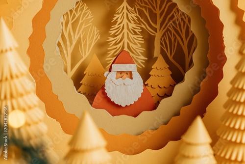 Santa Claus figure in layered paper cut scene featuring Christmas trees for festive holiday greeting cards, seasonal advertising and creative craft concepts