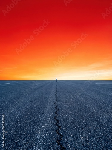 Orange and red sunset sky over a dark blue asphalt road for automotive advertising, transport infrastructure concepts and urban travel background