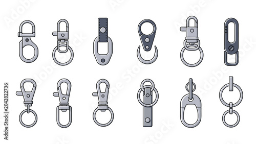 Set of different metal keychain clips, carabiners, and hook designs in silver and dark grey tones.