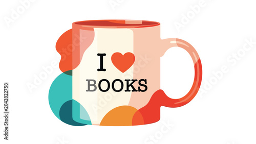 Colorful ceramic mug featuring the text I love books with a heart symbol and artistic paint splashes.