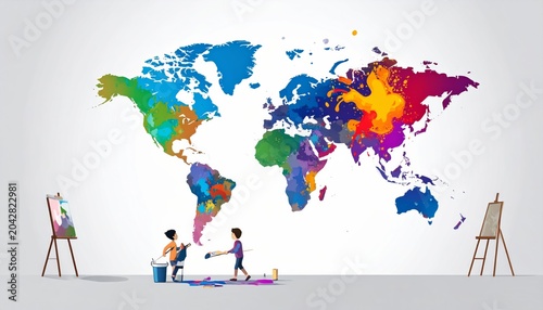 Children painting a colorful world map.
