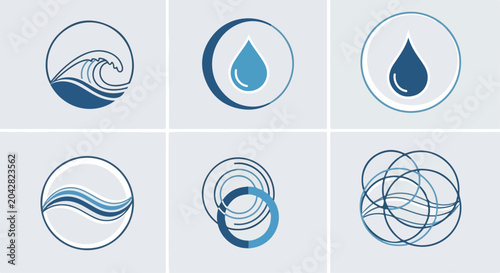 Minimalist blue water logo icons set, 6 circular wave and droplet vector symbols, modern aquatic branding elements for wellness and environment