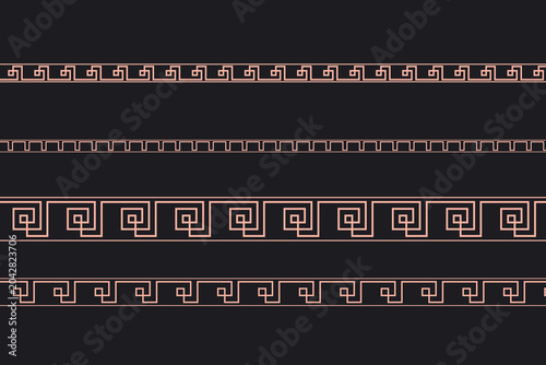 Tableau sur toile Monochrome greek key and meander border patterns on black background, greek key