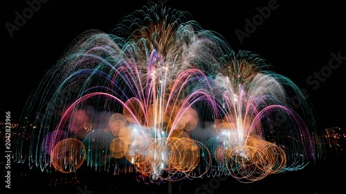 Abstract fireworks burst formations with teal and gold light trails against a dark night sky for holiday celebrations, festive event backgrounds and artistic media