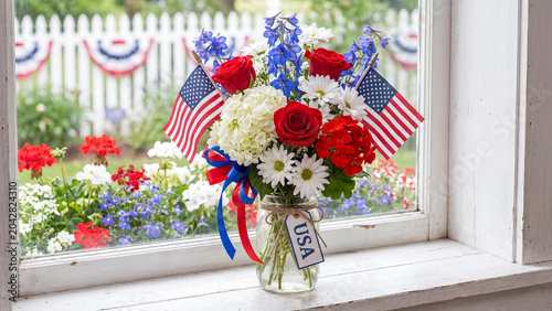 Patriotic flower arrangement in mason jar with American flags roses daisies and hydrangeas on window sill with garden background for independence day and national celebration