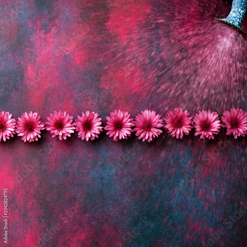 Dark magenta textured background with pink flowers in a line being watered for growth concepts, creative floristry branding and floral design advertising with copy space