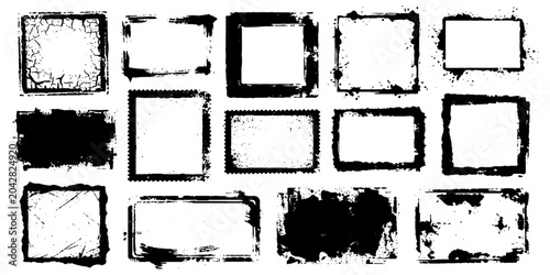 Foto Set of vintage black grunge frames and borders with ink paint brush strokes, dir